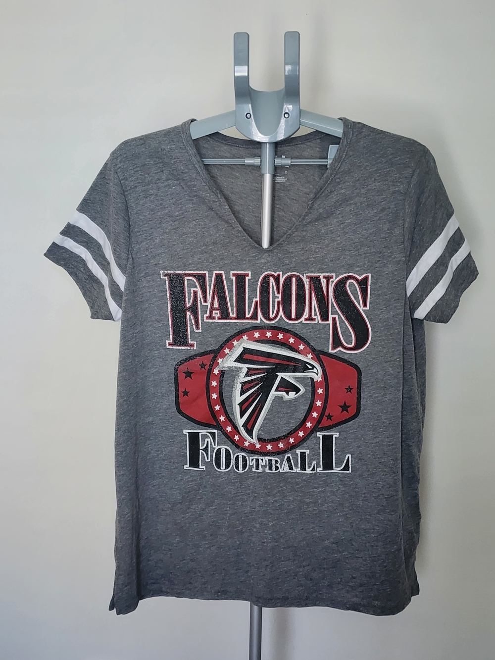 NFL Falcons Gray V-Neck Short Sleeve Tee with Red Accent